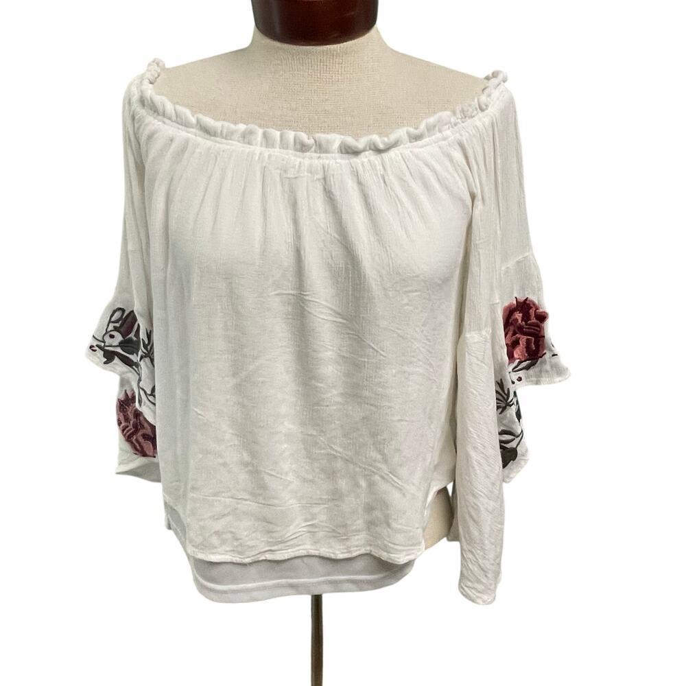 Blue Rain Peasant Top Bell Sleeves Size Small Rose Embroidery Boho Romantic